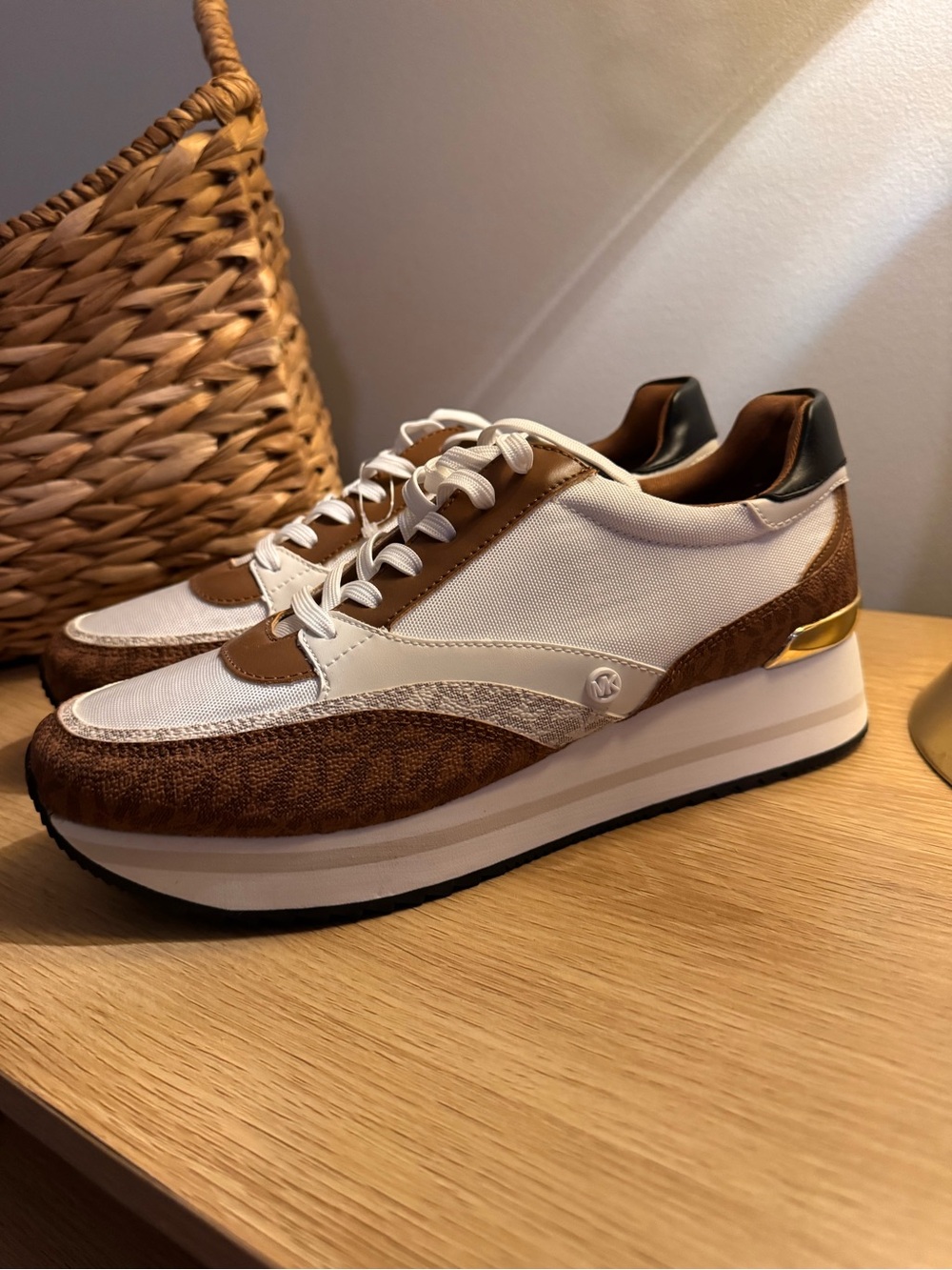Michael Kors White, Brown & Gold Platform Sneakers